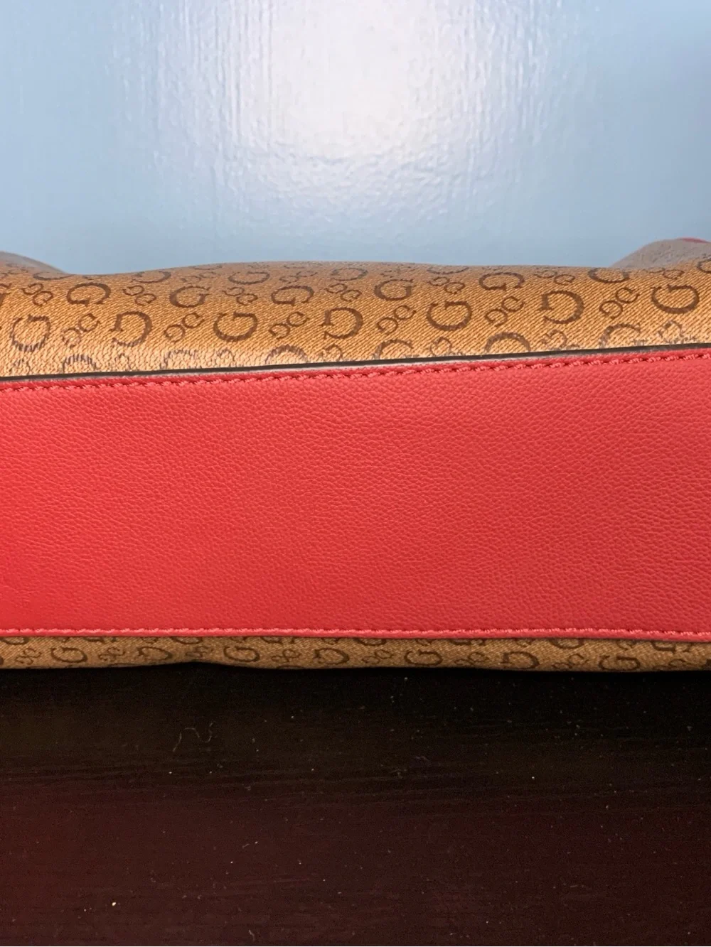 Guess Brown Monogram Satchel with Red Trim and Strap